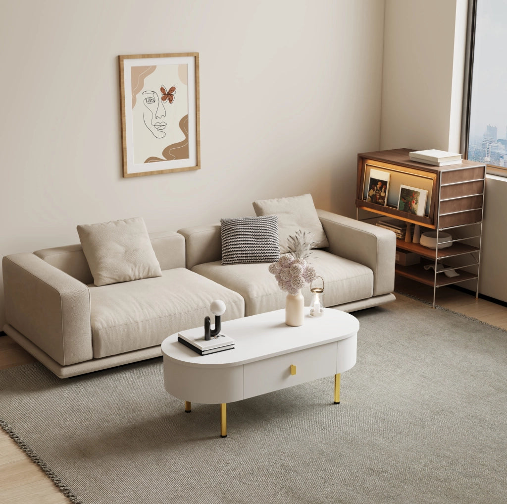 Tavolino da caffè bianco e oro 108 cm con 2 cassetti