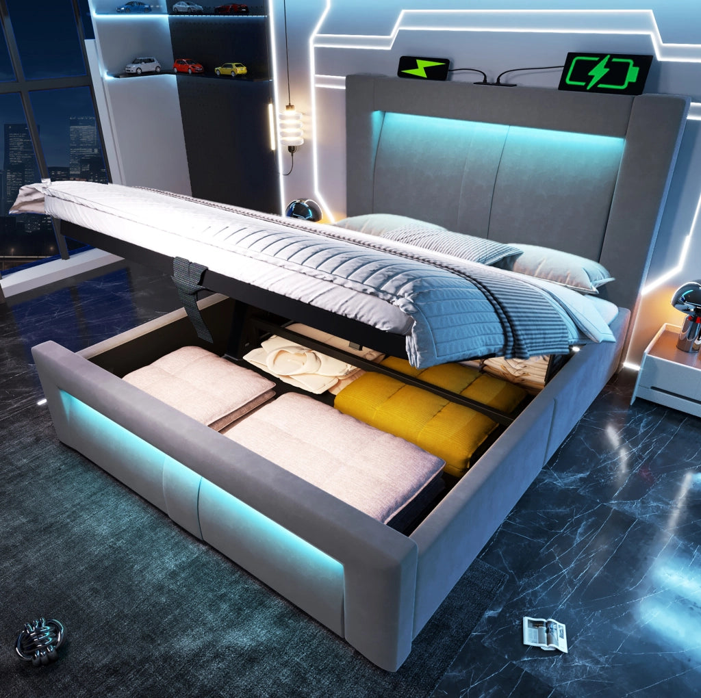 Letto singolo 90x200 cm con contenitore, LED, USB-C e materasso