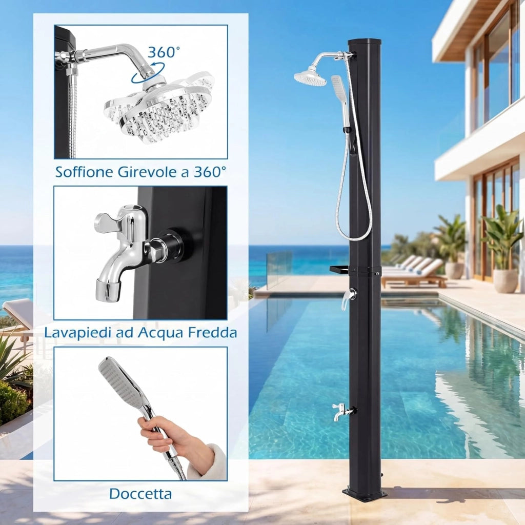 Doccia Solare da Giardino 35L con Soffione Girevole, Doccino e Rubinetto, Doccia da Esterno con Attacco per Tubo, Vassoio Portaoggetti e Copertura Protettiva, Fino a 60°C (Modello 3)