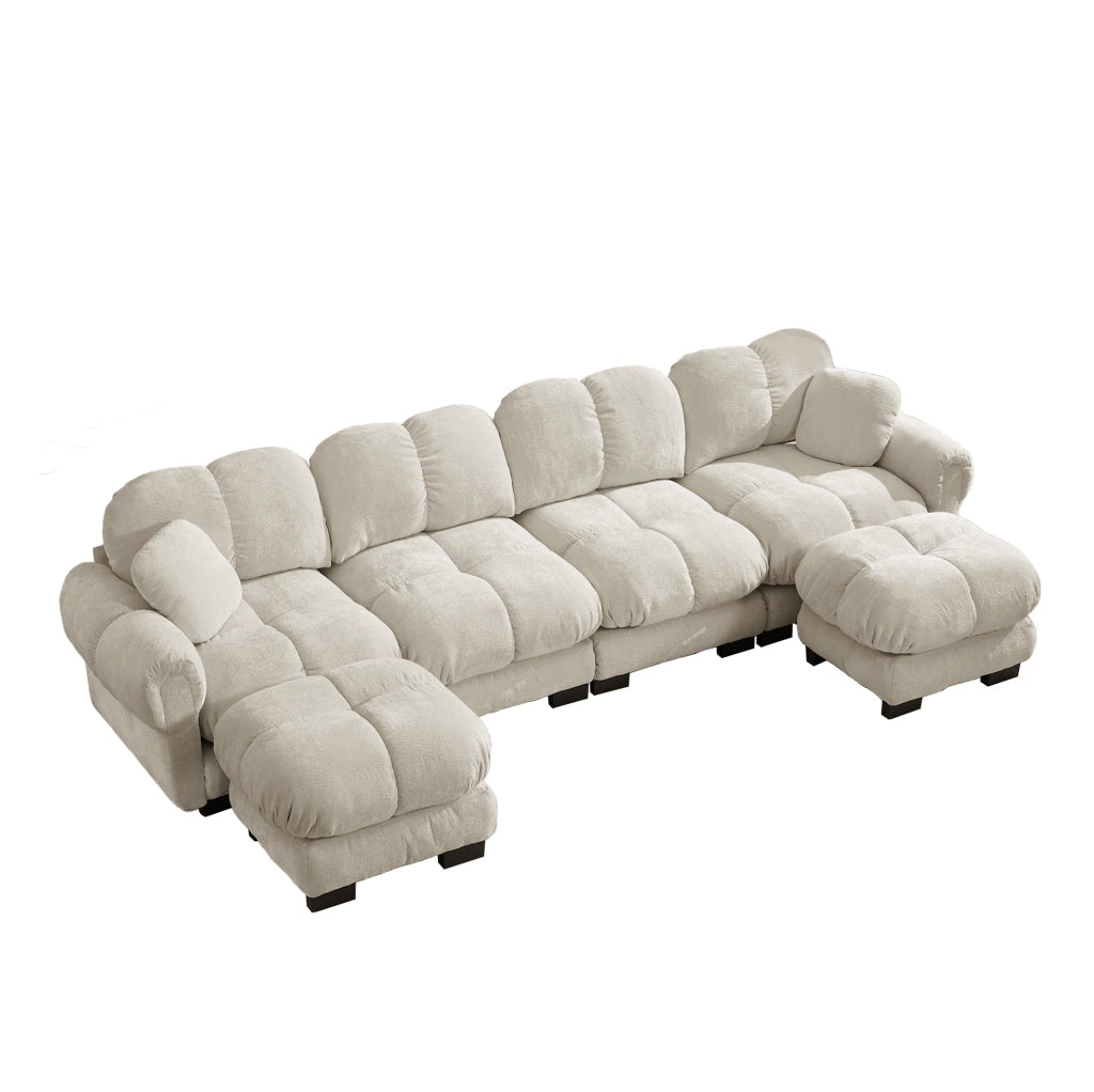 Divano modulare componibile in ciniglia; 330x149x90 cm; kaki chiaro