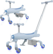 2 in 1 Auto a Spinta per Bambini, Giocattolo Scorrevole con Luci a LED Maniglia Rimovibile e Regolabile, Poggiapiedi Pieghevole e Cestino Posteriore Portaoggetti, per Bambini 18-70 Mesi (Blu)