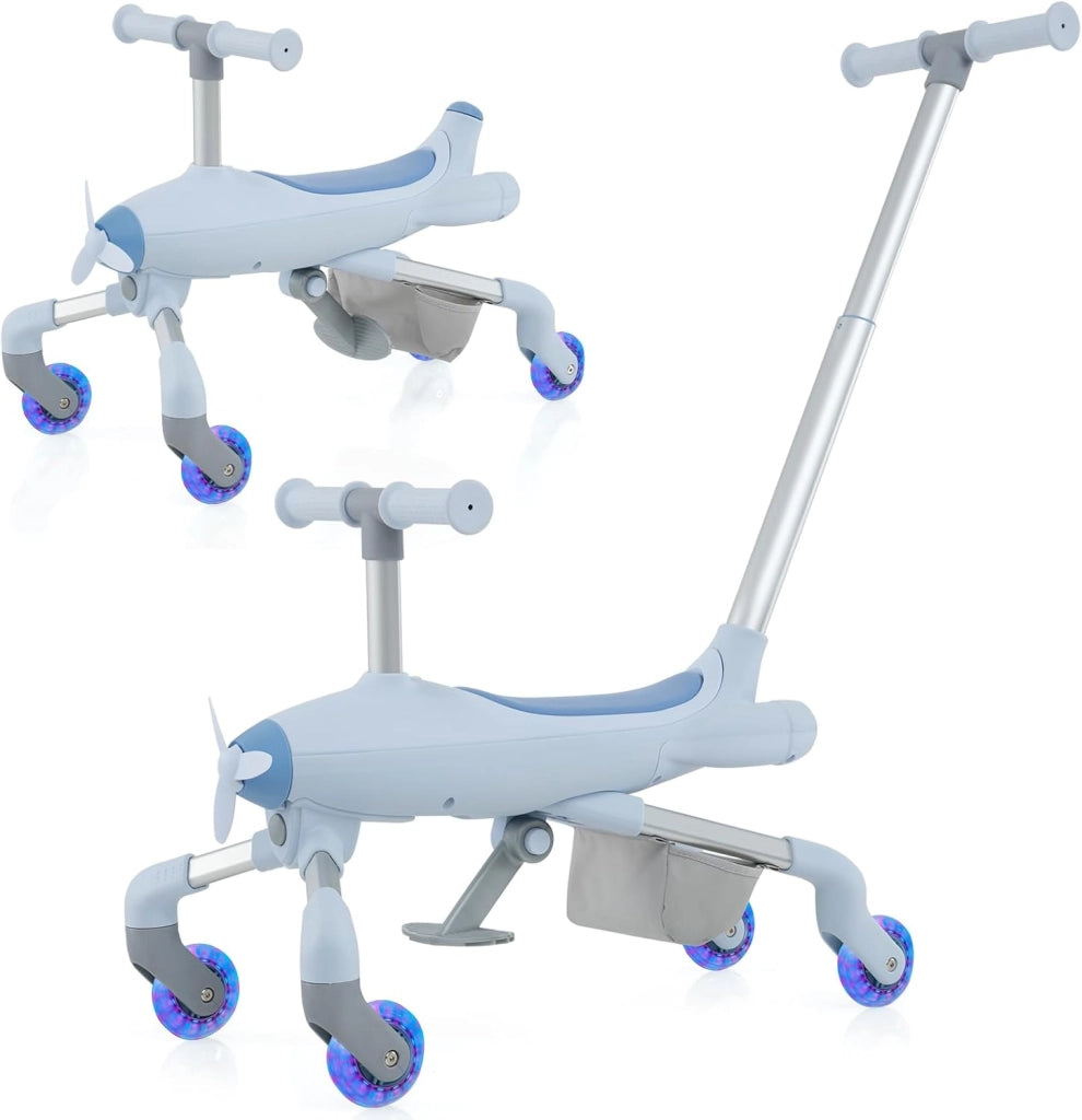 2 in 1 Auto a Spinta per Bambini, Giocattolo Scorrevole con Luci a LED Maniglia Rimovibile e Regolabile, Poggiapiedi Pieghevole e Cestino Posteriore Portaoggetti, per Bambini 18-70 Mesi (Blu)