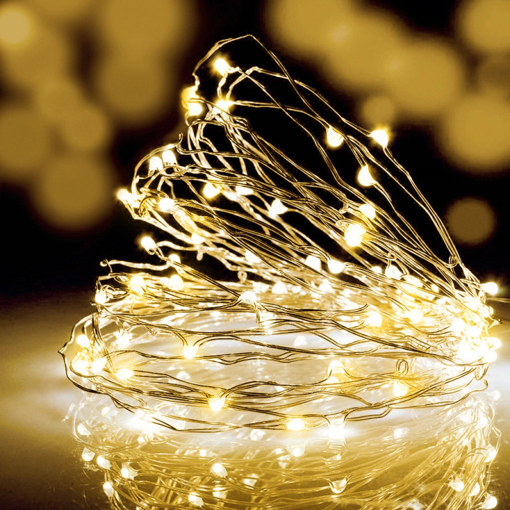 Catena 100 micro led 10mt filo rame batteria da esterno luce calda Telecomando