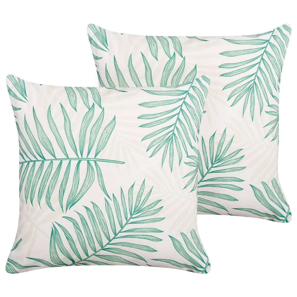 Set di 2 cuscini da esterno in tessuto di poliestere beige e verde con motivo a foglia di palma 45 x 45 cm esterno interno giardino