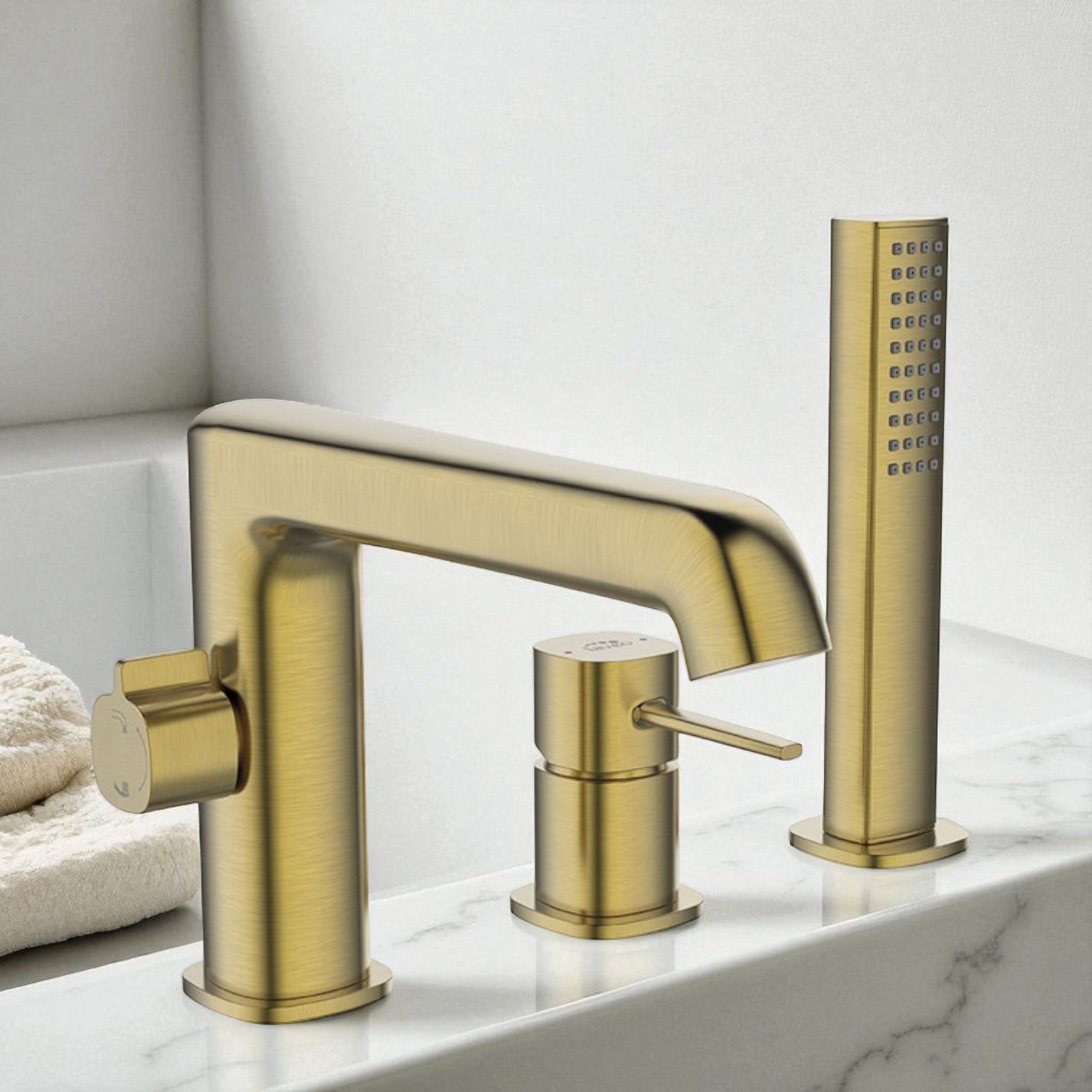 Rubinetto vasca da appoggio 3 fori oro spazzolato | Design elegante, soffione doccia anticalcare, leve ergonomiche