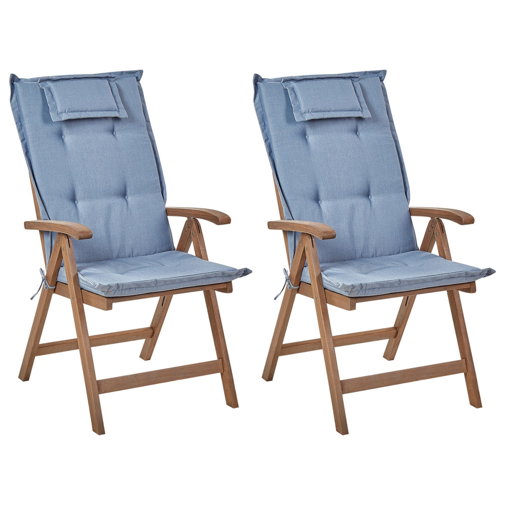 Set di 2 sedie da giardino in legno di acacia scuro naturale regolabili e pieghevoli per esterni con braccioli in stile rustico con cuscini blu