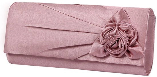 Clutch in Satin con Fiori di Rosa per Matrimonio e Gala, Rosa, 25cm*6cm*11cm