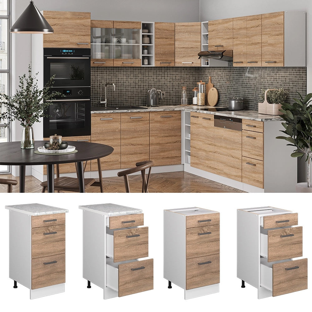 Mobiletto base per cucina R-Line Sonoma/Bianco 40 cm con cassetti PL Marmo Vicco
