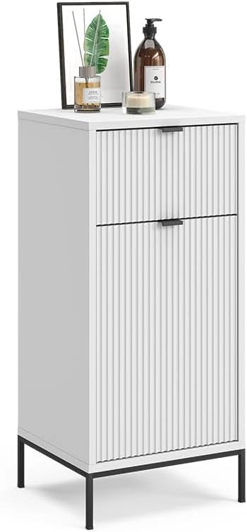 Mobile midi Eliza, Bianco, 40 x 87 cm con anta e cassetto, per la conservazione in bagno o da abbinare a Eliza