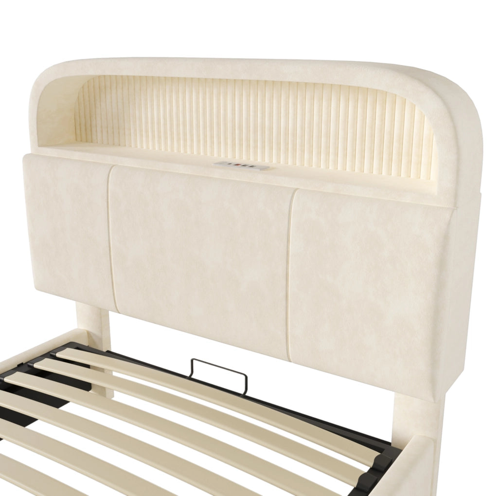 Letto imbottito 90x200 cm con contenitore, LED, USB e USB-C, in velluto beige