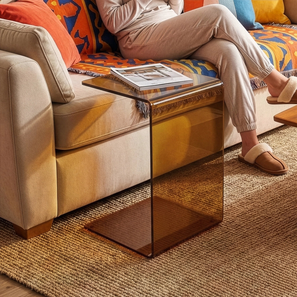 Tavolino Laterale Trölmapilu a Forma di C in Vetro 60 x 40 x 40 cm - Marrone [en.casa]