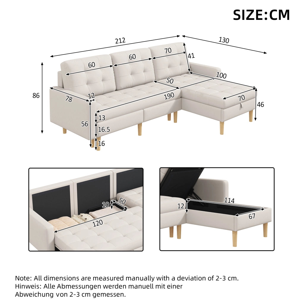 Divano angolare con vano contenitore 212×130×86 cm, chaise longue reversibile, beige