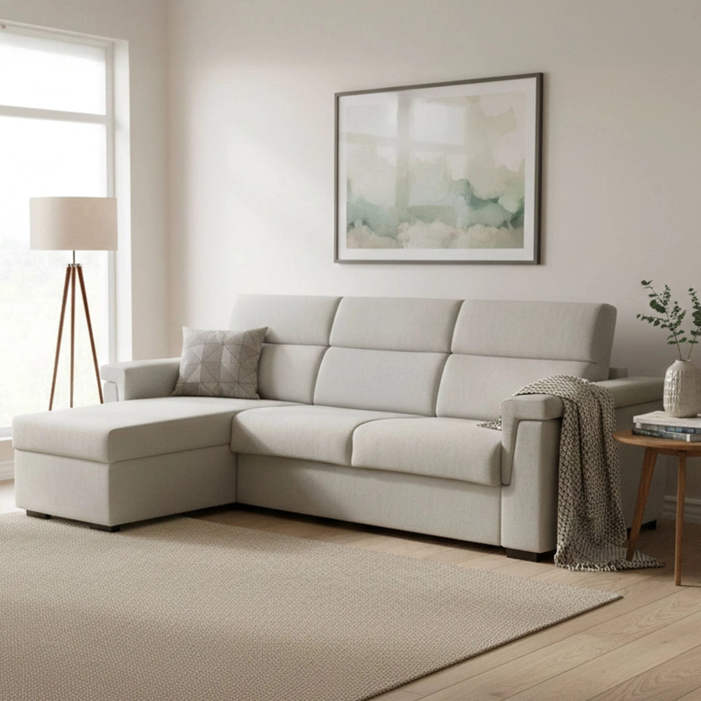 Esca, Divano Letto con Penisola Sfoderabile Made in Italy, 285x160 cm Beige