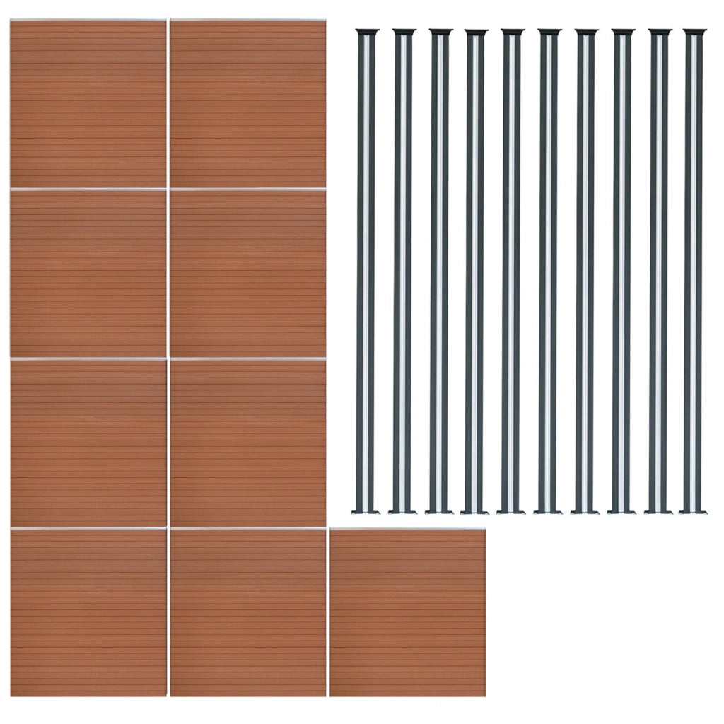 Pannelli Recinzione x9 + 10 Pali Alluminio LED Marrone Doghe PVC 185cm