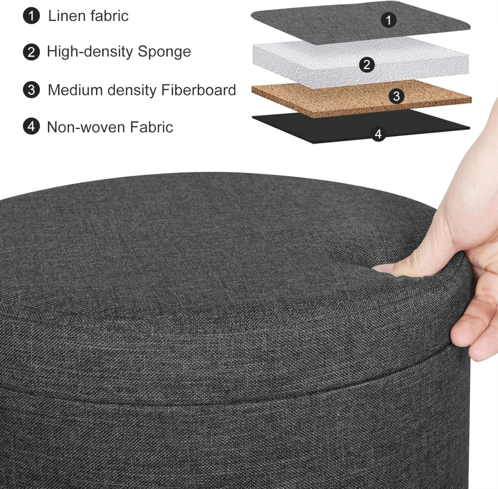 Pouf Contenitore Sgabello Basso Sedia Rotonda Poggiapiedi Gambe in Legno Grigio Scuro