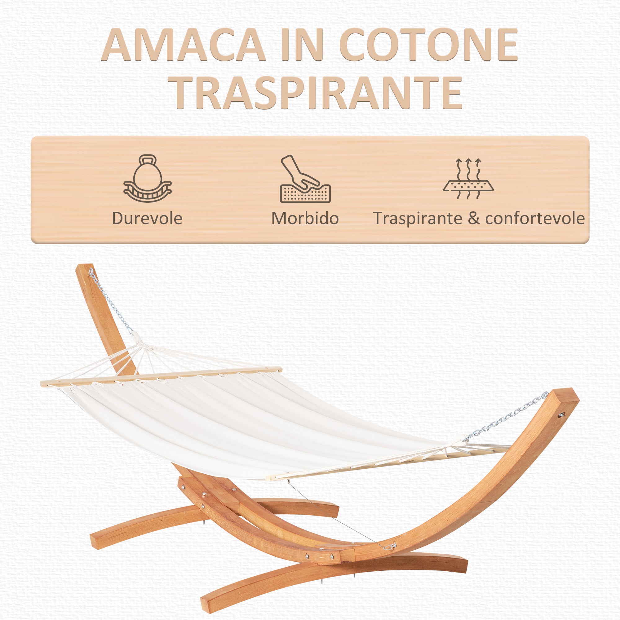 Amaca da Giardino 392x120x102 cm con Supporto in Legno di Pino e Cotone Bianca