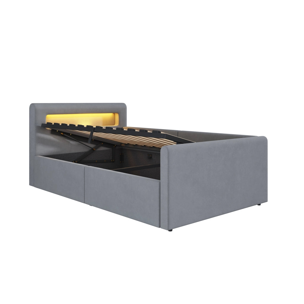 OKWISH Letto bambino 90×200 cm, Letto Singolo con LED, luce notturna, USB, mensole e contenitore idraulico, senza Materasso, Grigio