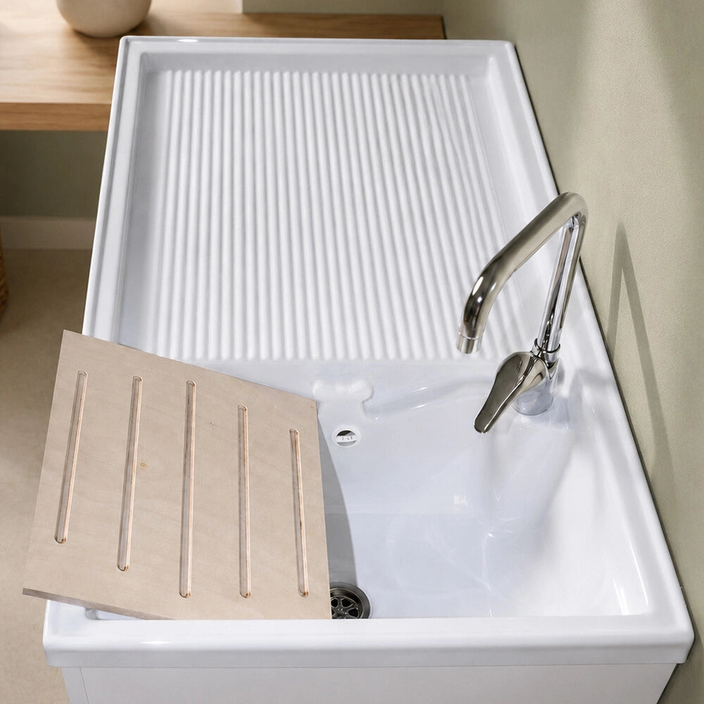 Mobile porta lavatrice 106x60 cm bianco opaco con vasca a destra e asse lavapanni incluso Medea