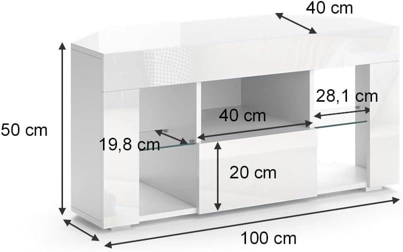 Mobile tv Denver, Bianco, 100 x 50 cm, adatto come supporto TV con ripiani aperti e chiusi