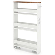 Carrello da cucina 4 ripiani con stazione di ricarica maniglia e parapetti-Scaffale stretto a sfilo con ruote bloccabili per cucina  Bianco e marrone