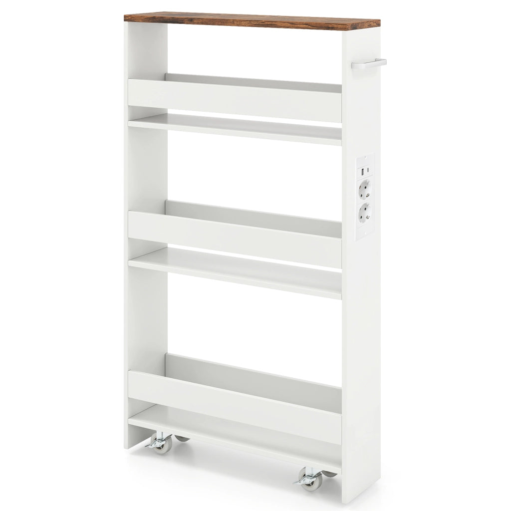 Carrello da cucina 4 ripiani con stazione di ricarica maniglia e parapetti-Scaffale stretto a sfilo con ruote bloccabili per cucina  Bianco e marrone