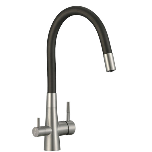 Rubinetto cucina con attacco filtro acqua, bocca flessibile a U e doppia leva – acciaio e nero