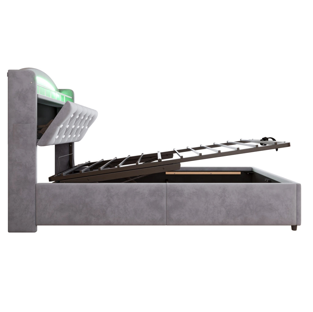 Letto singolo imbottito per bambini 90x200 cm con velluto, contenitore, LED e porte USB grigio