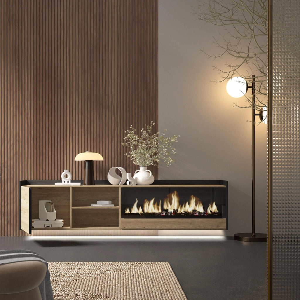 Mobile TV Soggiorno, 212x50x35 cm, Per TV fino a 80", Camino elettrico XXL, Sospeso, da appendere, LED, Rovere e nero
