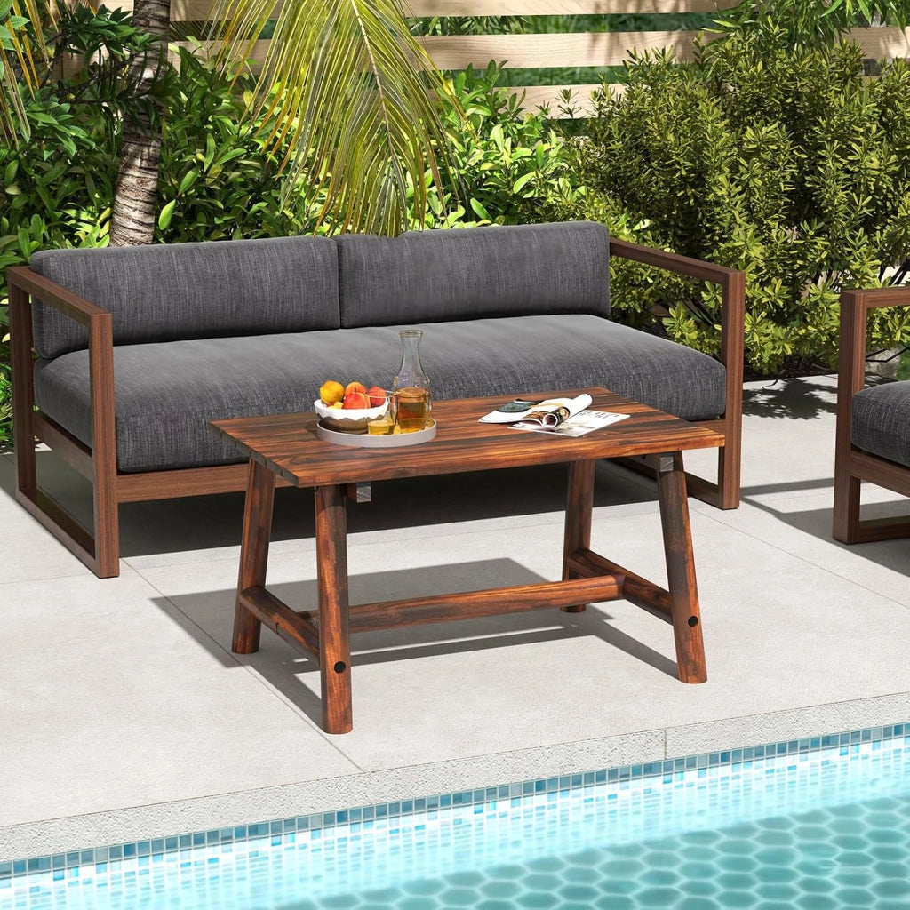 Tavolo da giardino in legno massello, tavolino ausiliario terreza esterno con carico di 125 kg, tavolino basso rettangolare con piano a doghe per balcone, patio, 90 x 55 x 50 cm (marrone)