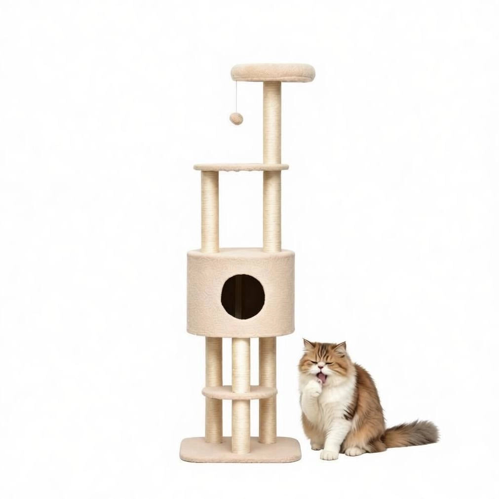Tiragraffi per Gatti Beige 148 cm con Cuccia, Pallina e Sisal