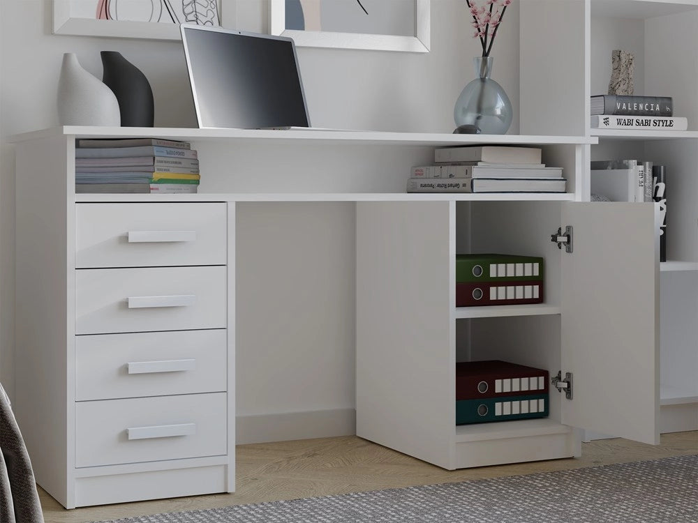 Scrivania ADA bianco 125 cm 4 cassetti mobile con ripiani per ufficio camera e laptop