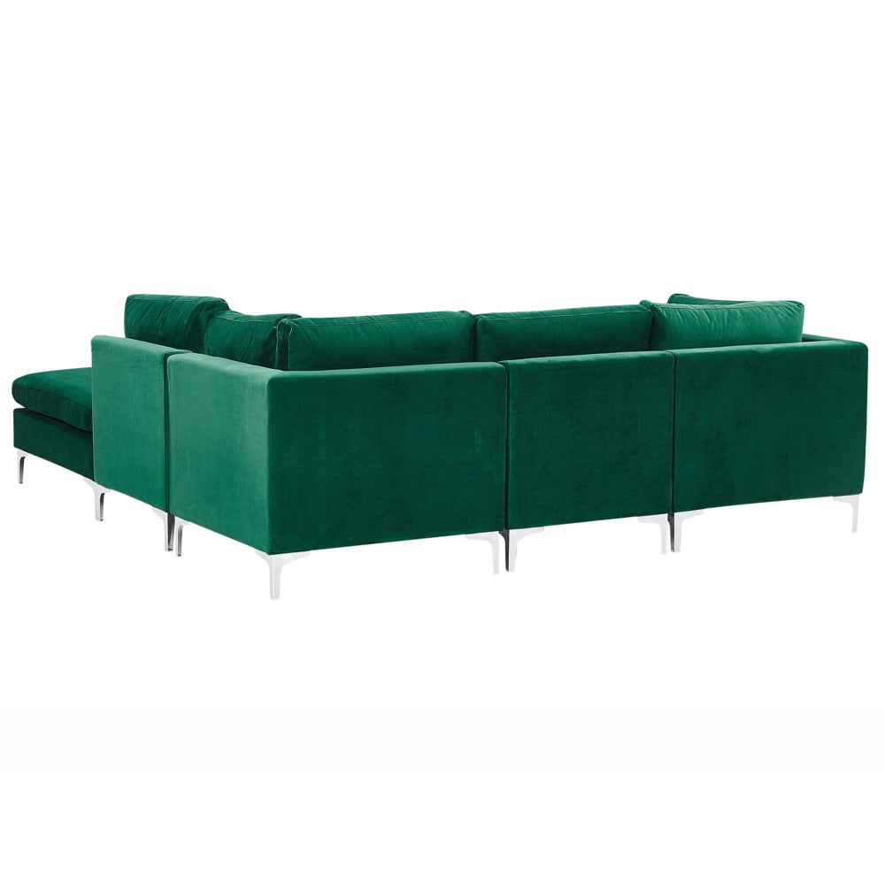 Divano ad angolo componibile versione sinistra a 4 posti in velluto verde con gambe in metallo argentato a forma di L ottomana Stile glamour