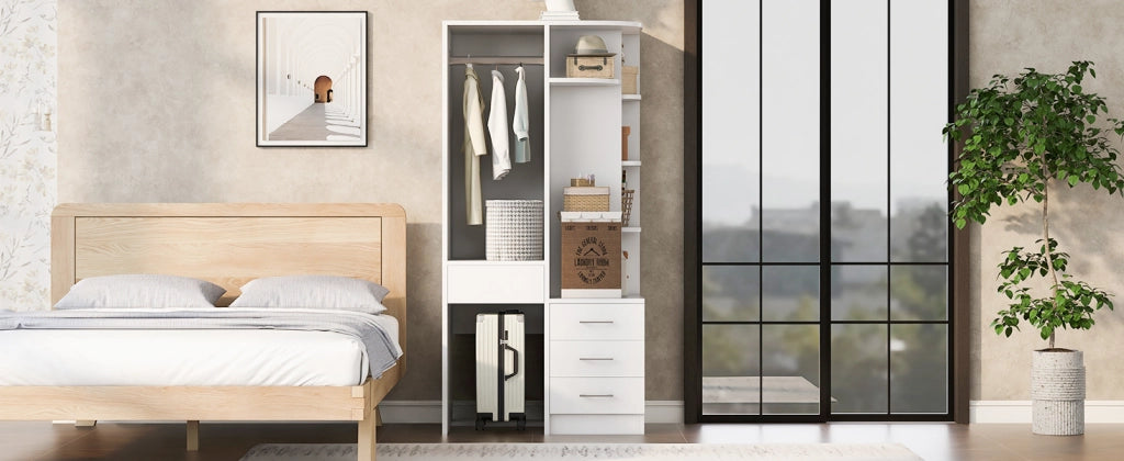 Scaffale autoportante con ripiani aperti, vani chiusi e barra appendiabiti per camera da letto in MDF bianco 70 × 55 × 175 cm