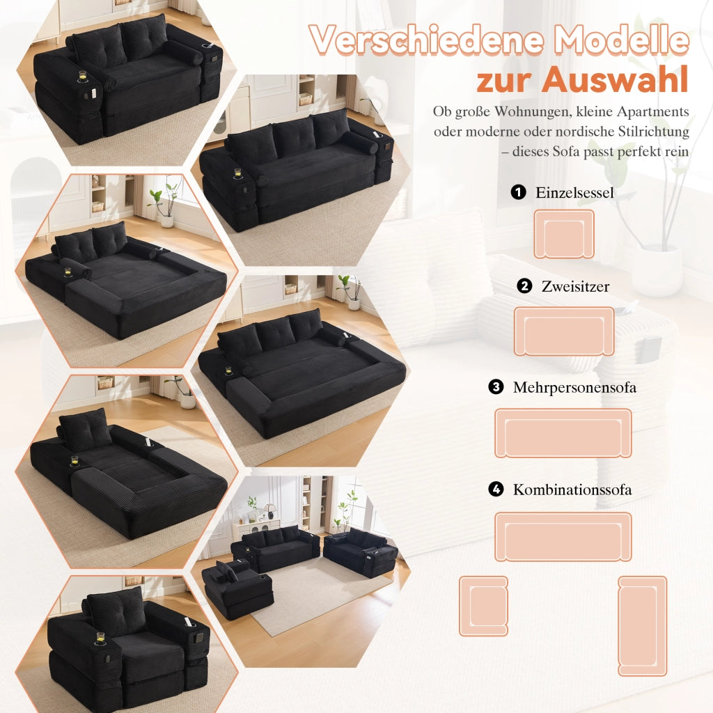 Divano letto modulare in velluto a coste con cuscini memory, tasche laterali e portabevande, nero 232 × 98 × 80 cm