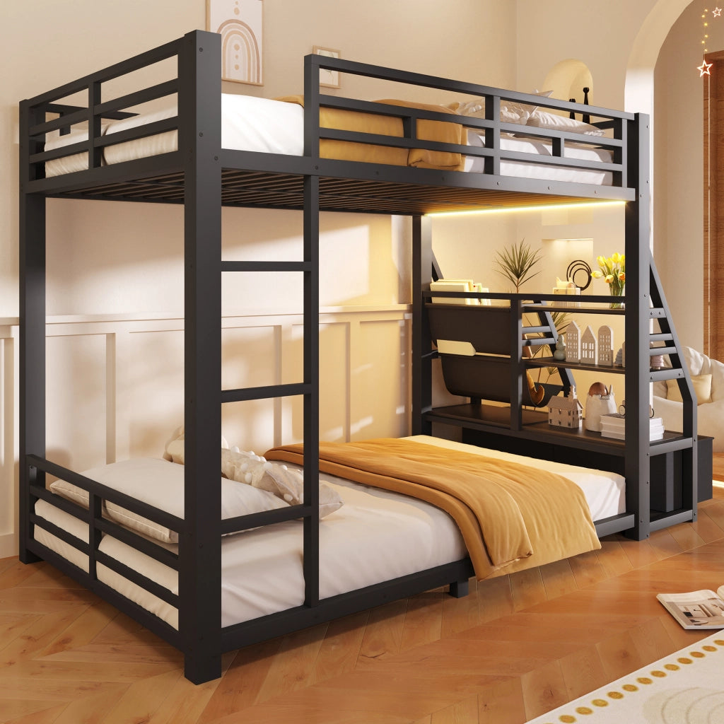 LETTO A CASTELLO 90x200 cm in metallo e legno, nero, con LED e 2 cassetti in tessuto