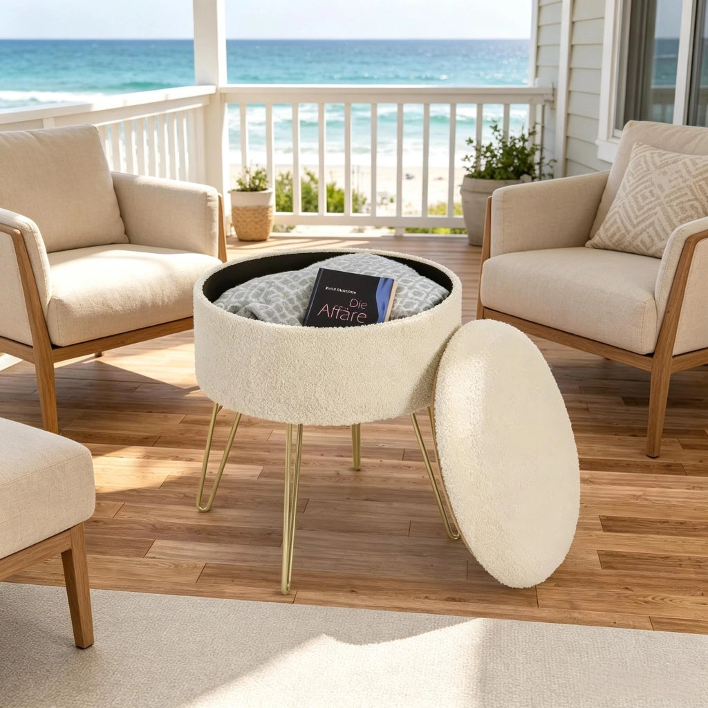 Pouf contenitore Reposapiedi Tavolino con vassoio in MDF, in Teddy Fleece e metallo Beige
