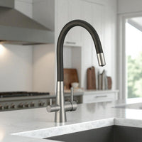 Rubinetto cucina con attacco filtro acqua, bocca flessibile a U e doppia leva – acciaio e nero