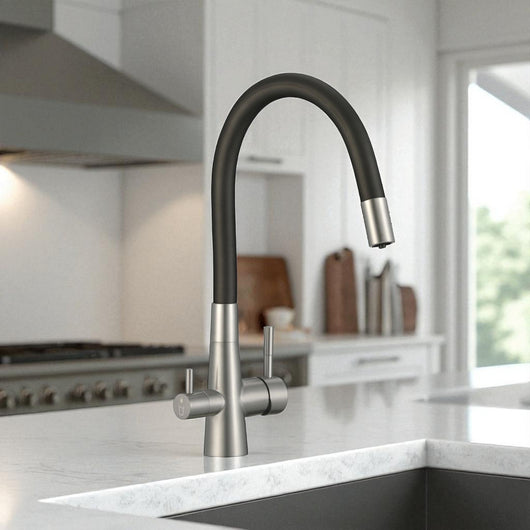 Rubinetto cucina con attacco filtro acqua, bocca flessibile a U e doppia leva – acciaio e nero