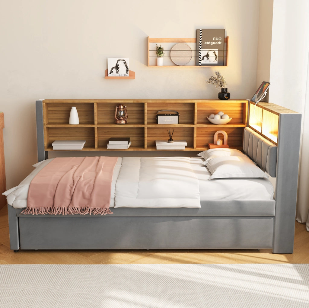 Divano letto estraibile 90x200 con LED e USB-C grigio scuro