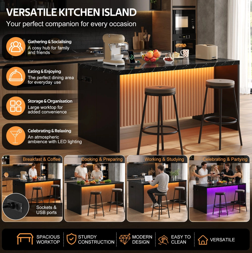 Isola cucina 155x80x90 cm effetto marmo nero con LED; prese elettriche e USB; in MDF