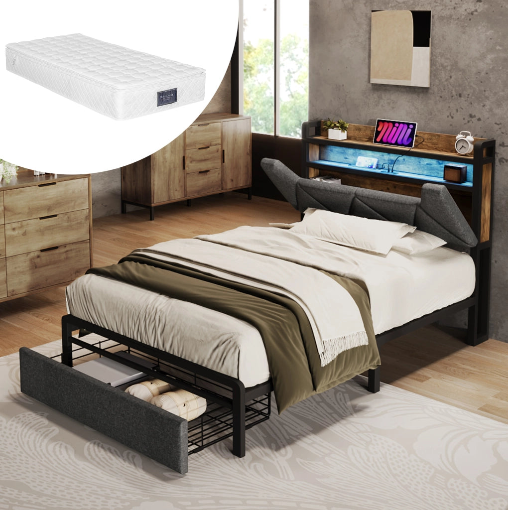 Letto singolo 90x200 grigio con LED, USB-C, cassetto e materasso