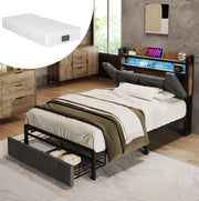 Letto singolo 90x200 grigio con LED, USB-C, cassetto e materasso