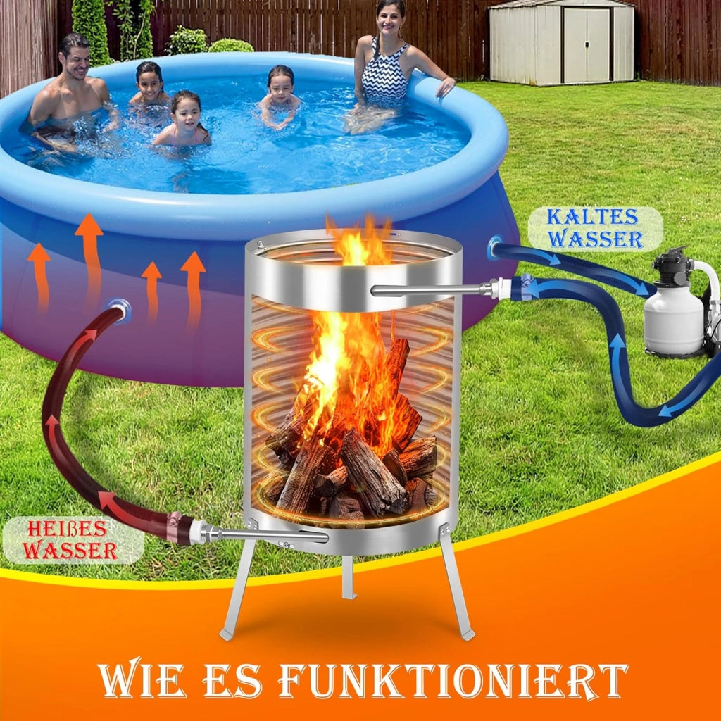 Riscaldatore per piscina, in legno, con fuoco, in acciaio inox, con spirale di riscaldamento, tappetino ignifugo e vassoio per piscina