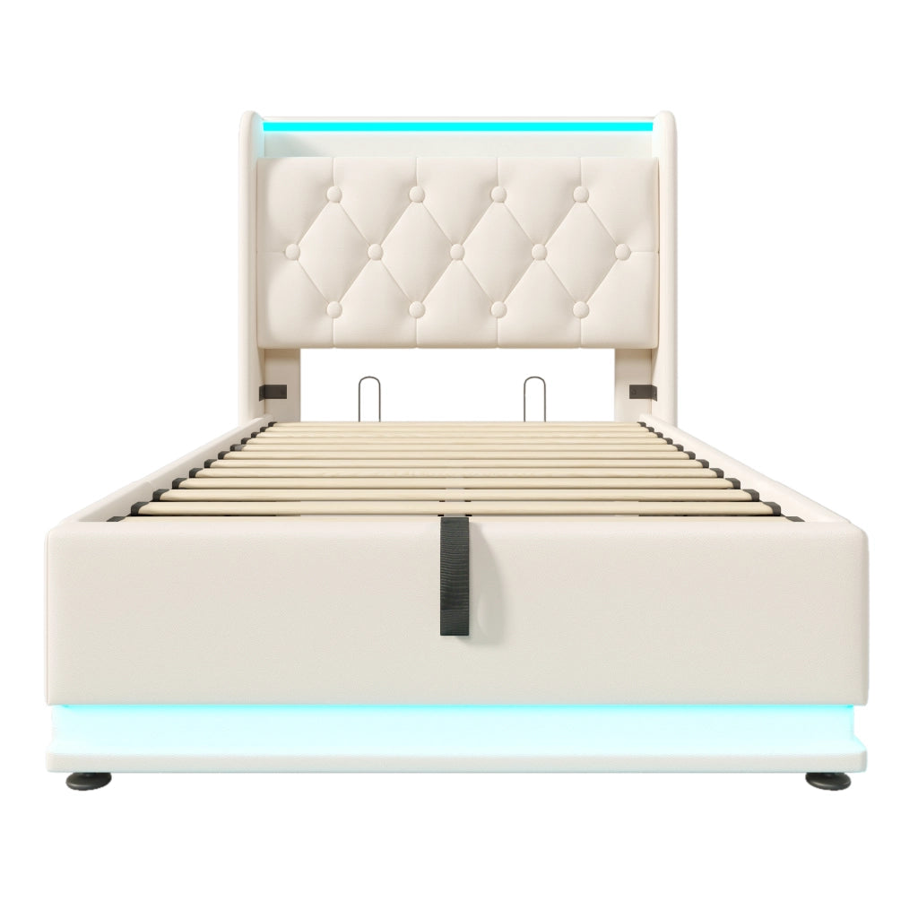Letti contenitori 90x200 cm LED 360°; USB Tipo-C; PU bianco (Senza materasso)