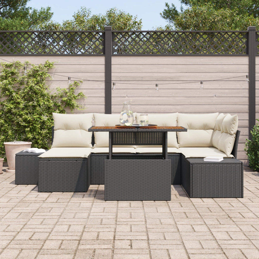 Set divani giardino 7 pezzi con cuscini neri in polyrattan