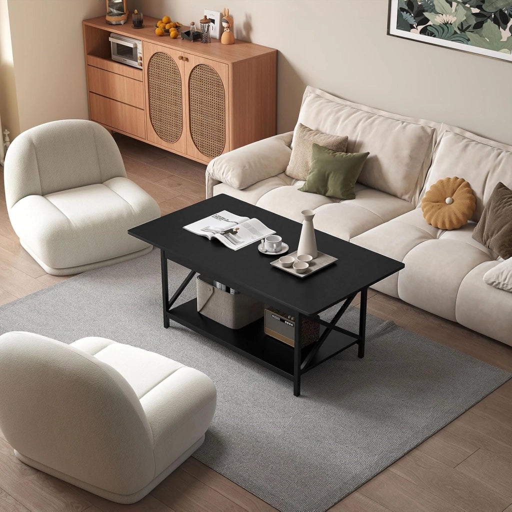 Tavolino a 2 Livelli a Forma di X, Tavolo da Caffè in Stile Industriale, Moderno per Soggiorno, Ufficio, Camera da Letto, Gambe Regolabili, 110x60x48cm, 2 Colori