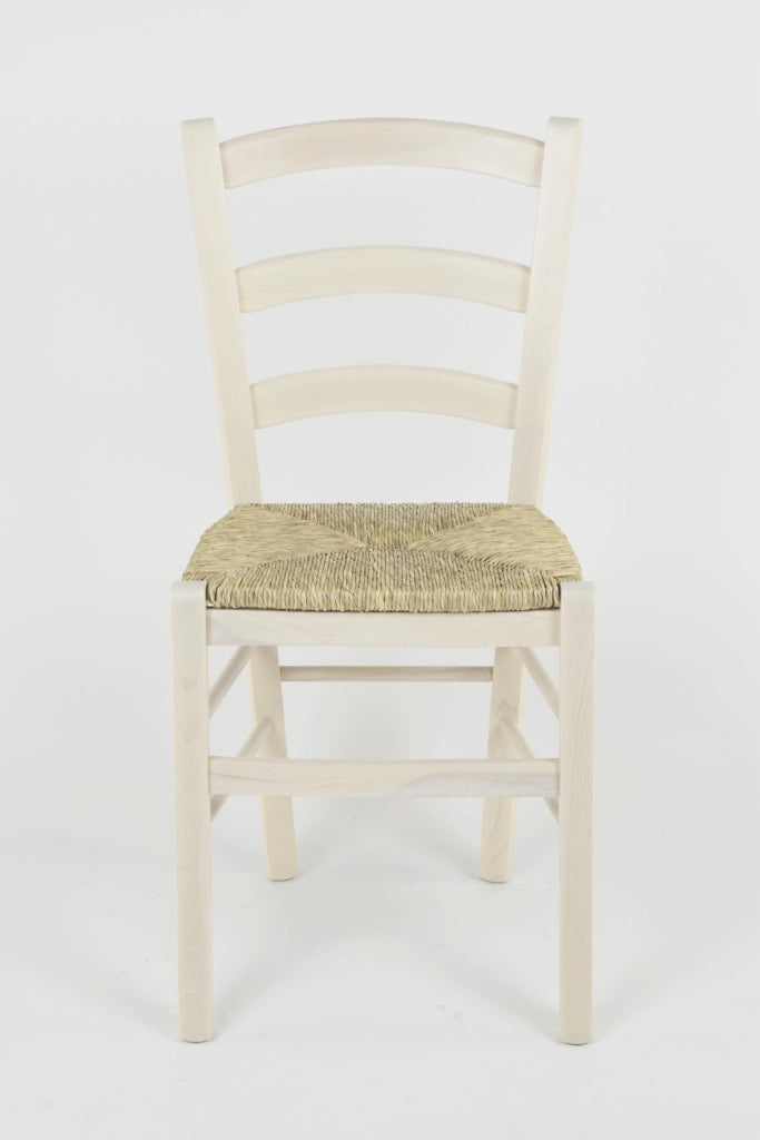 Set 4 Sedie Venice Tommychairs, robusta struttura in legno di faggio verniciata in anilina bianca e seduta in paglia