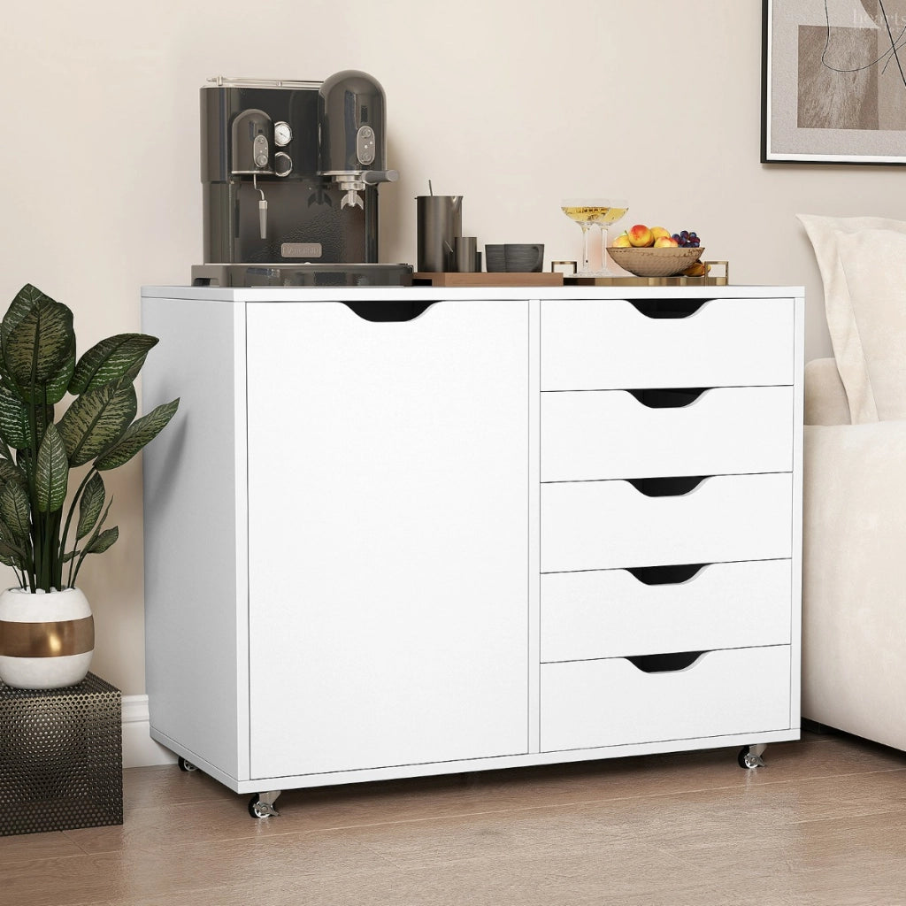 Mobiletto con 5 cassetti e anta per ufficio a casa, Carrello con ripiano regolabile e 5 rotelle Bianco