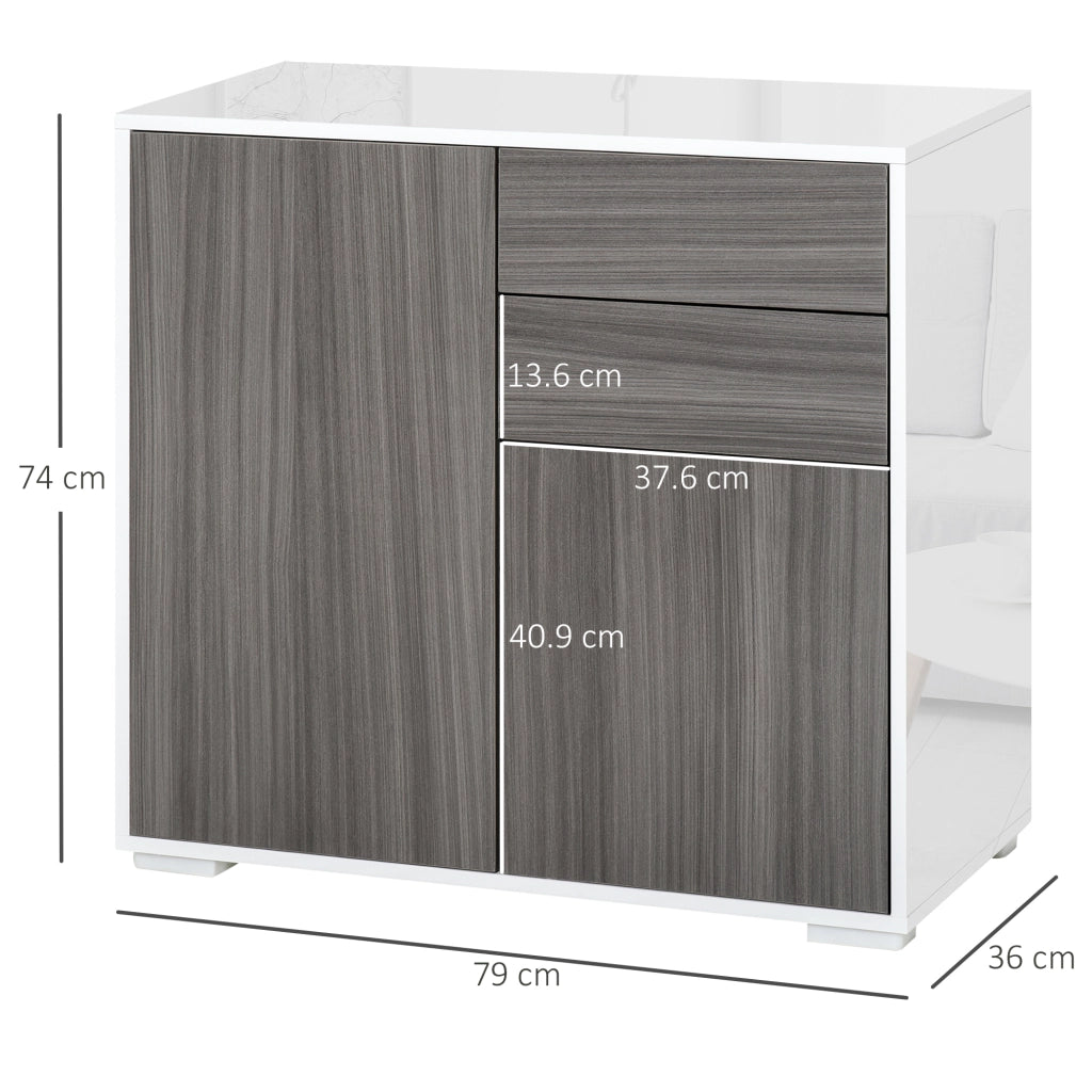 Mobiletto 2 Cassetti e 2 Ante, Apertura a Pressione, Mobile con 2 Cassetti e 2 Ante per Casa e Ufficio, 79x36x74cm, Grigio Chiaro e Bianco