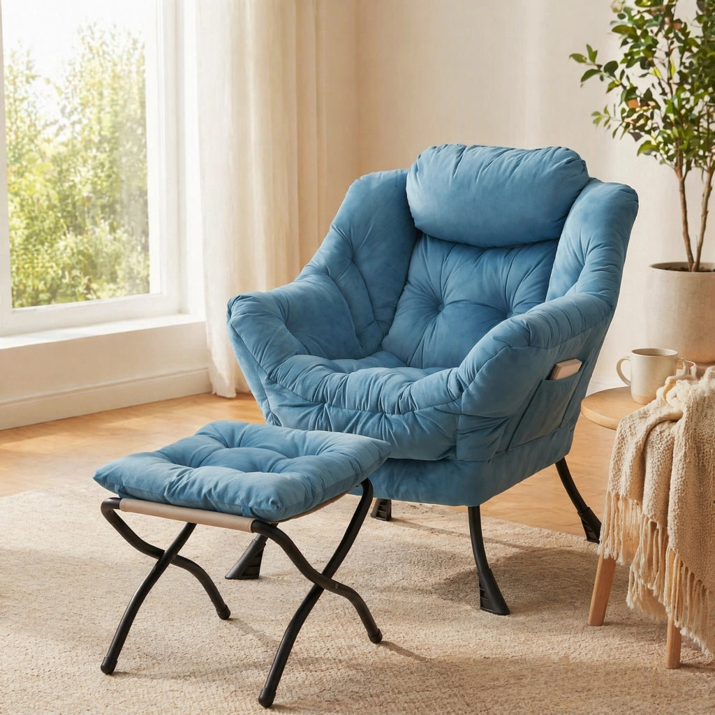 SEDIA Relax con Pouf Blu in Tessuto e Metallo